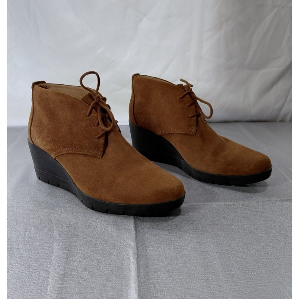 Clarks Unstructured Wedge Ankle Bootie Suede Women's 10M Cognac Brown